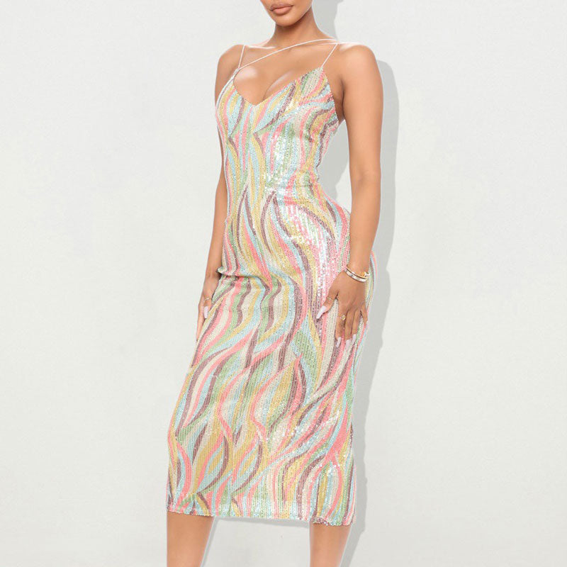 Print Sequins Sleeveless V-Neck Back Slit Midi Dress