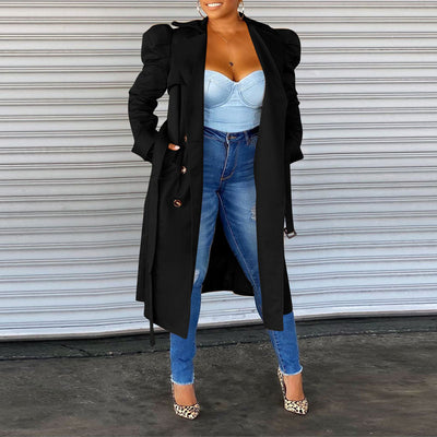 Solid Puff Sleeve Double Breasted Long Coat