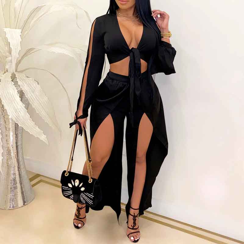 Solid Long Sleeve Tied Crop Top & Slit Pants Set