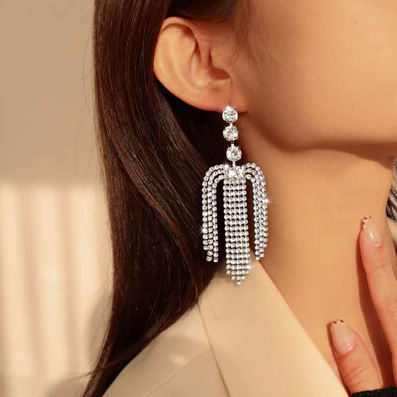 Rhinestone Tassel Design Earrings