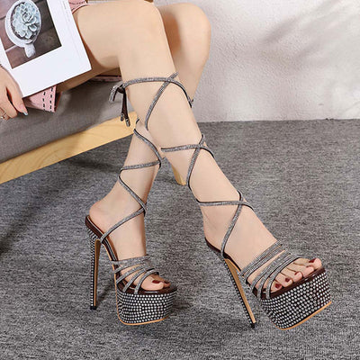 Rhinestone Peep Toe Bandage Wedge Thin Heeled Sandals