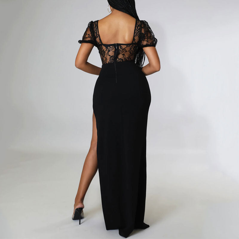 Solid Off Shoulder Lace High Slit Maxi Dress