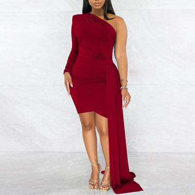 Solid One Shoulder Long Sleeve Ruched Bodycon Dress