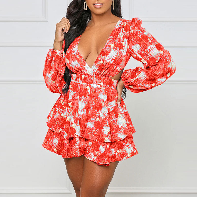 Print Deep V-Neck Long Sleeve Hollow Out Bandage Mini Dress