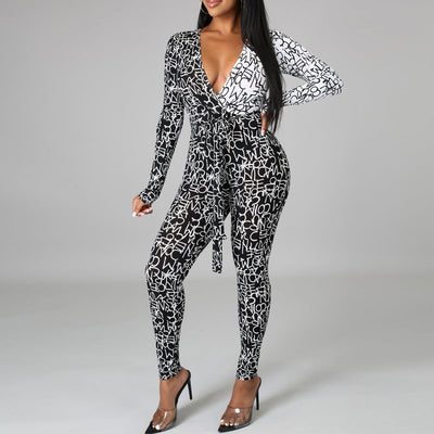 Colorblock Deep V-Neck Long Sleeve Jumpsuit