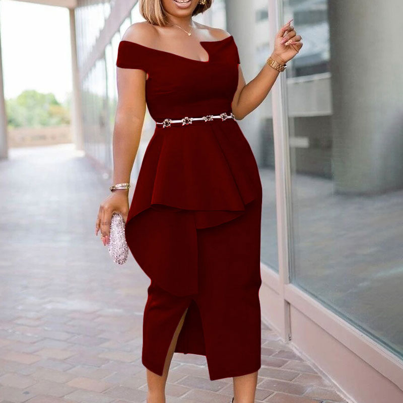 Solid Off Shoulder Sleeveless Ruffle Design Slit Dress