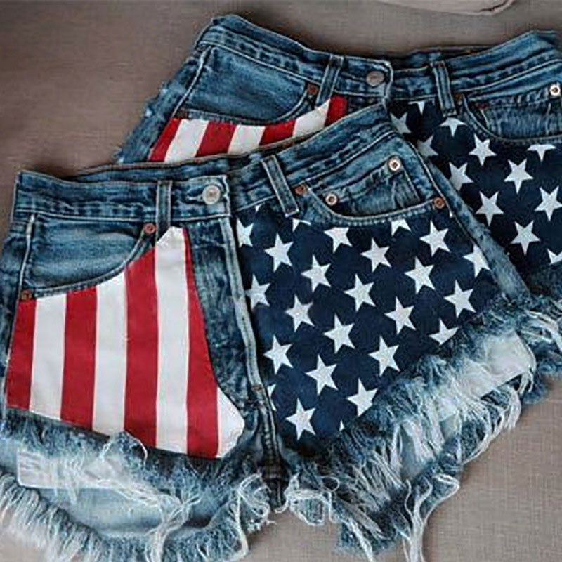 Independence Day Flag Print Fringe Hem Denim Shorts