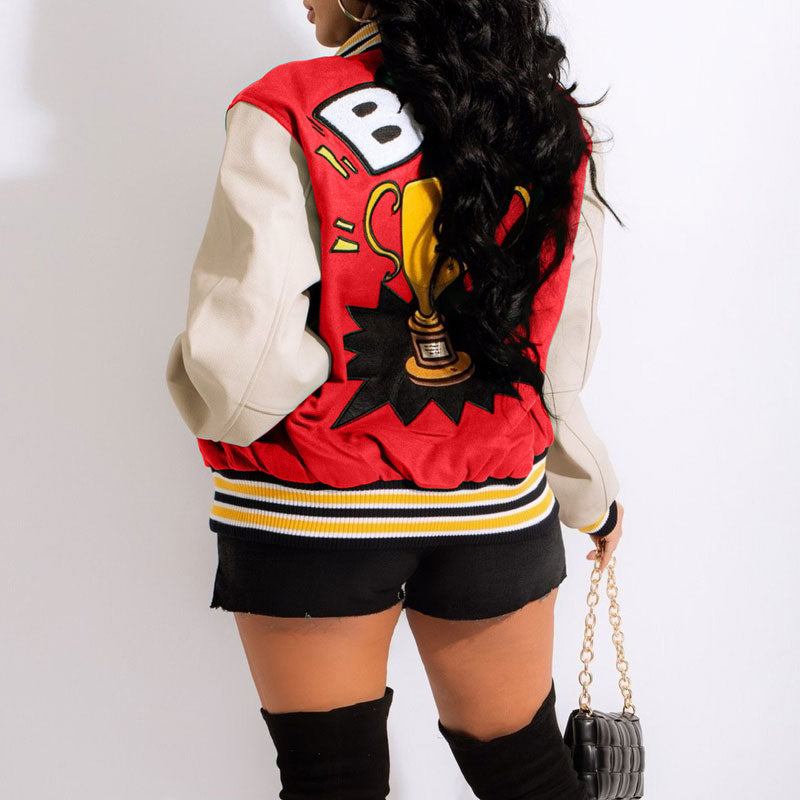 Letter Print Long Sleeve Button Detailed Baseball Jacket