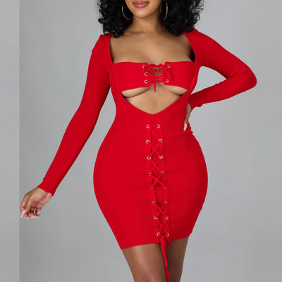 Solid Long Sleeve Cut Out Eyelet Lace Up Bodycon Dress