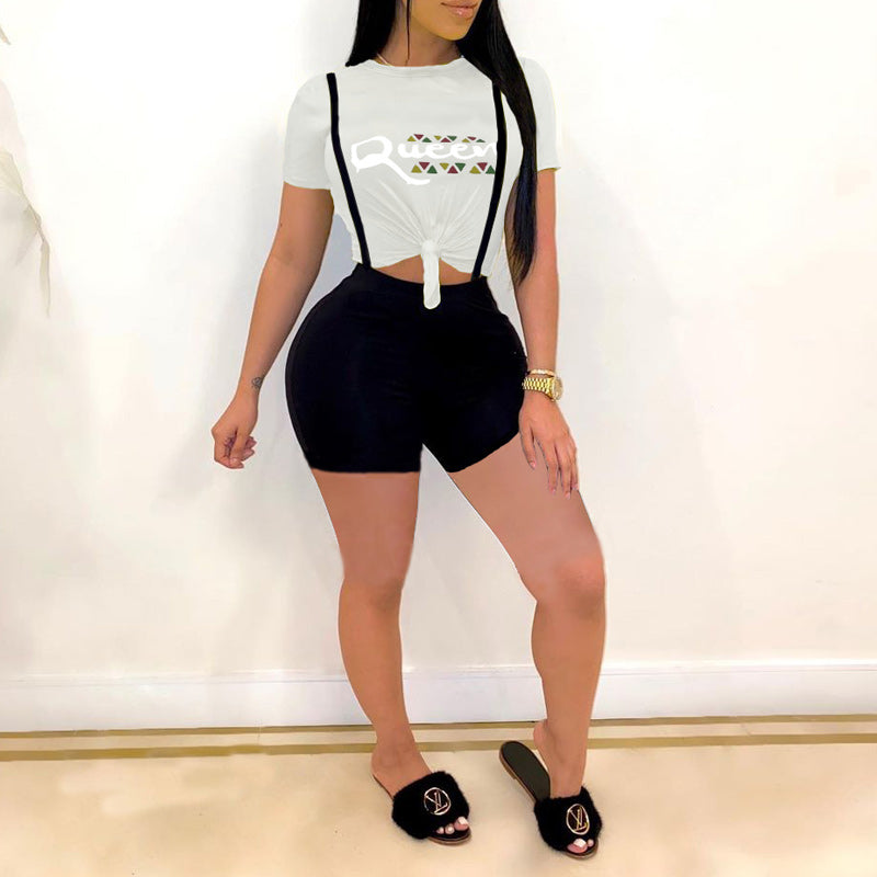 Casual Letter Print T-shirt & Strap Shorts Set