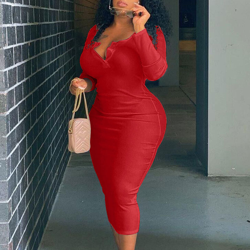 Solid V-Neck Long Sleeve Plus Size Dress