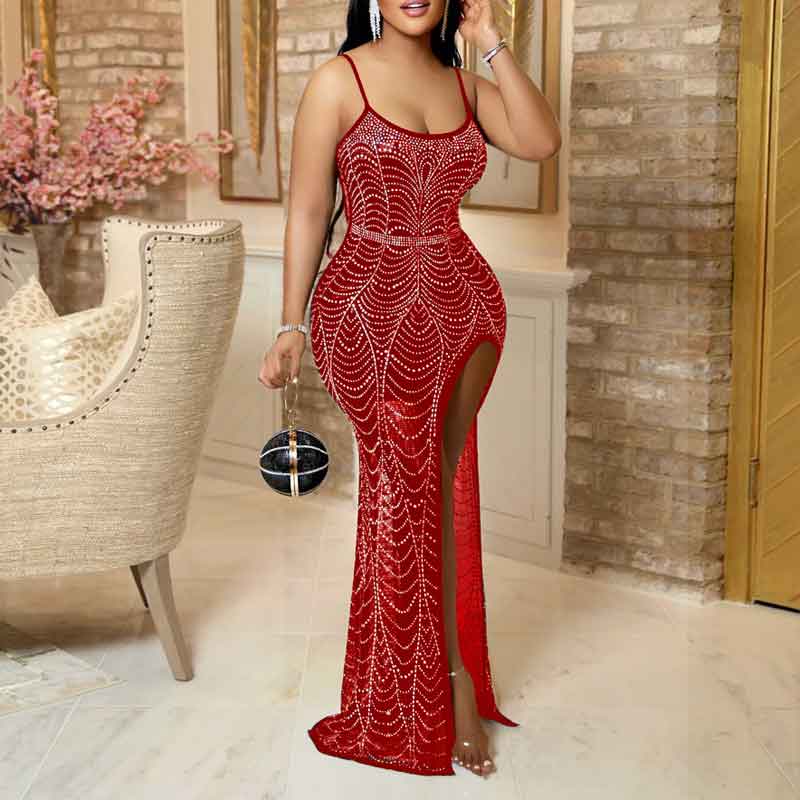 Rhinestone Sleeveless High Slit Spaghetti Strap Maxi Dress