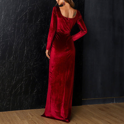 Solid Long Sleeve Ruched High Slit Floor-Length Dress