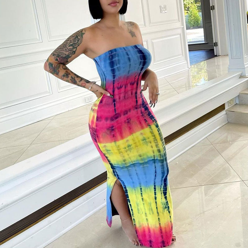 Tie Dye Print Off Shoulder Slit Maxi Dress