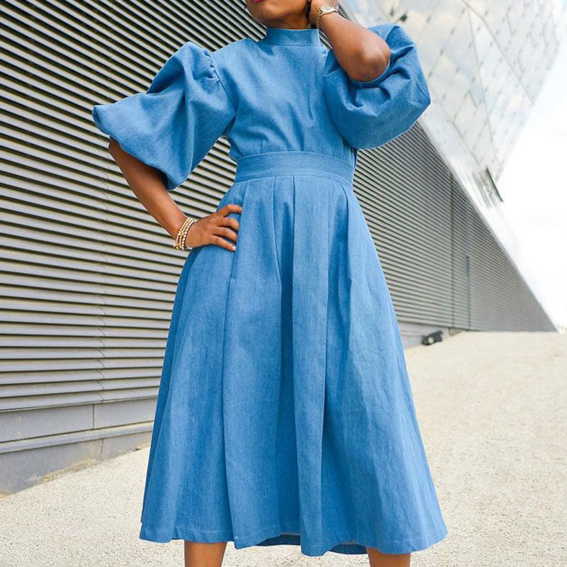 Solid Turtleneck Puff Sleeve A Line Midi Dress