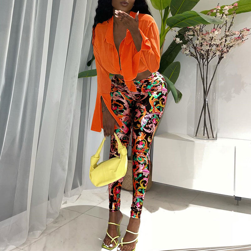 Solid Slit Sleeve Blouse & Print Pants Set