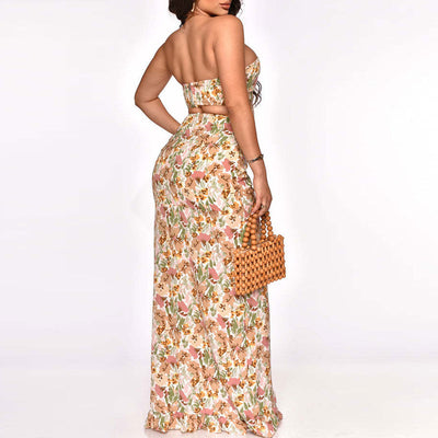 Floral Print Off Shoulder Tube Top & Slit Skirt Set