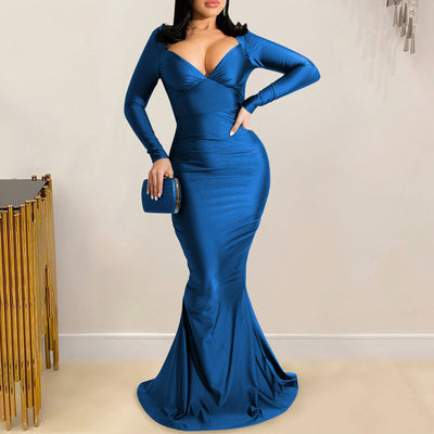 Solid V-Neck Long Sleeve Floor-Length Dress