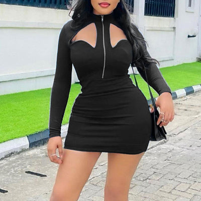 Solid Long Sleeve Zipper Design Cut Out Bodycon Dress