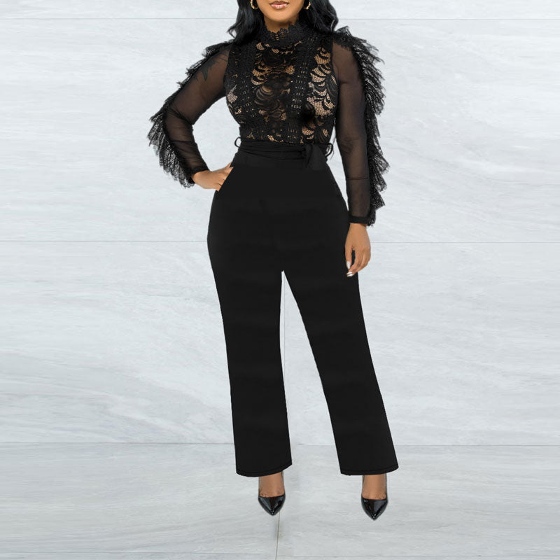 Solid Long Sleeve Lace Belted Jumpsuit