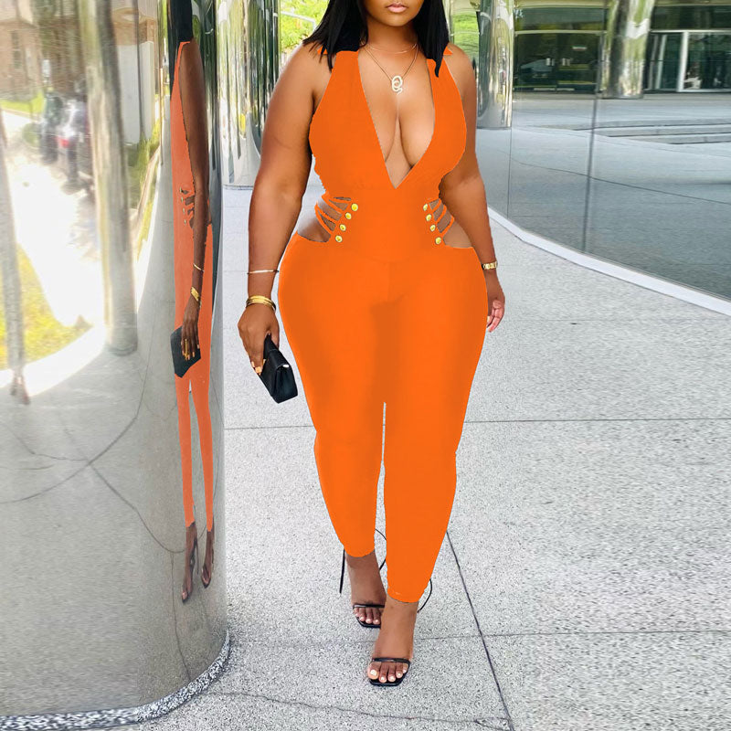 Solid Deep V-Neck Sleeveless Cut Out Jumpsuit