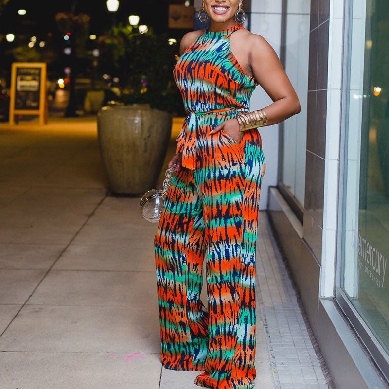 Print Sleeveless Wide Leg Jumpsuit With Belt