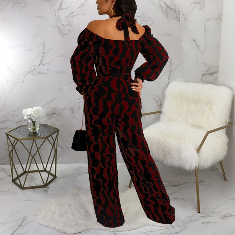 Print Halter Cold Shoulder Jumpsuit