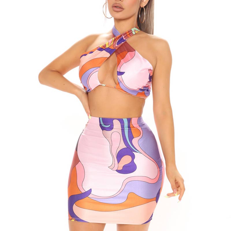 Geometric Halter Hollow Out Skirts Set