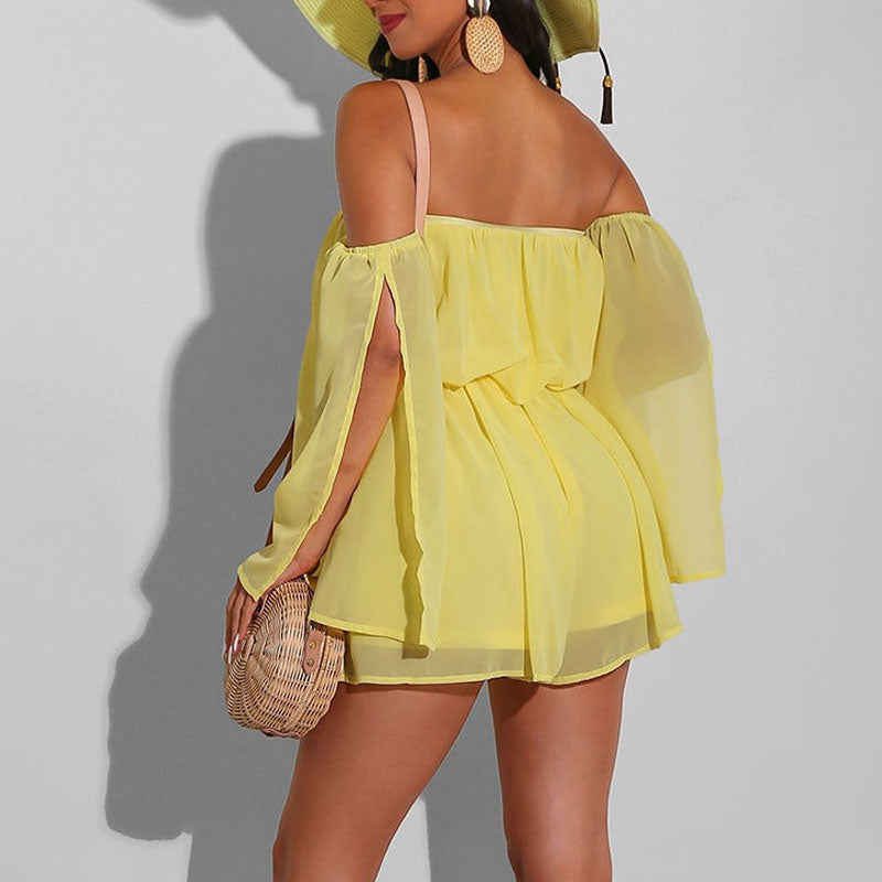 Solid Off Shoulder Drawstring Chiffon Romper