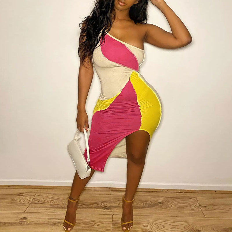 Colorblock Sleeveless One Shoulder Slit Bodycon Dress