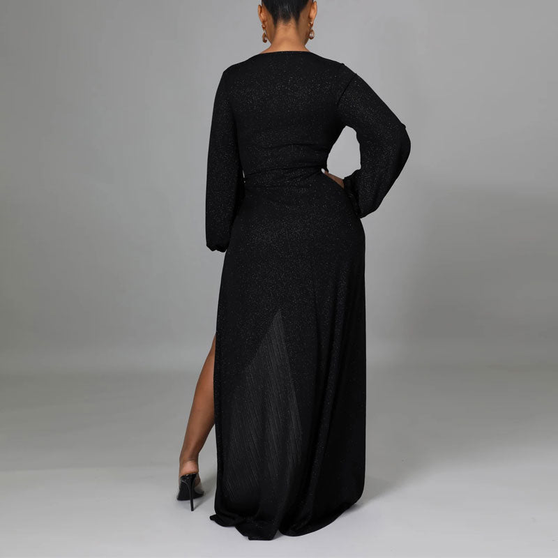 Glitter Deep V-Neck Long Sleeve High Slit Floor-Length Dress