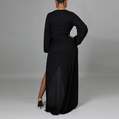 Glitter Deep V-Neck Long Sleeve High Slit Maxi Dress