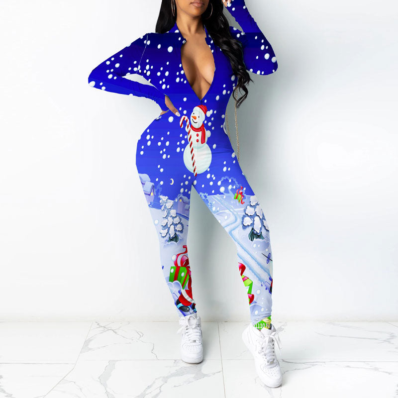 Christmas Pattern Long Sleeve Zipper Design Skinny Jumpsuit