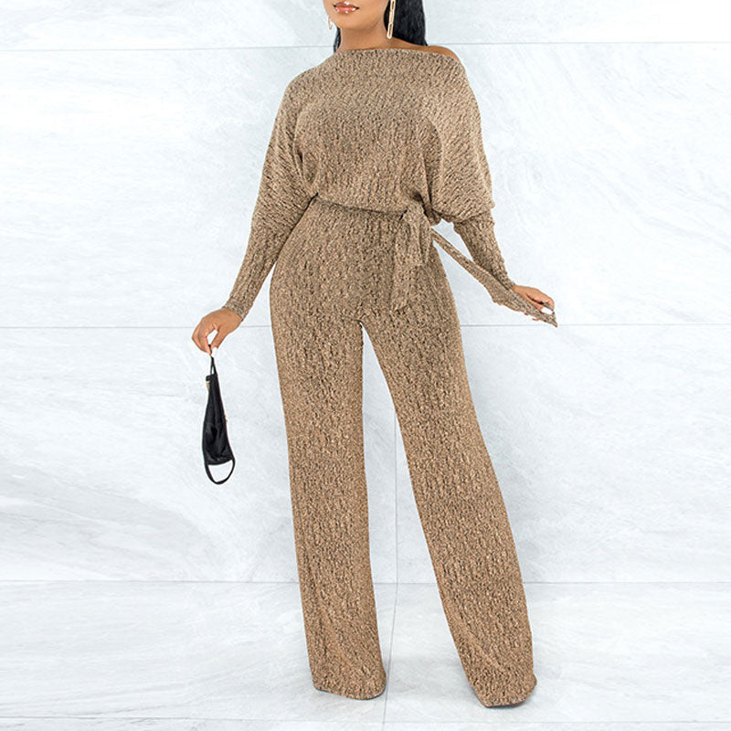 Solid Oblique Shoulder Long Sleeve Belted Jumpsuit