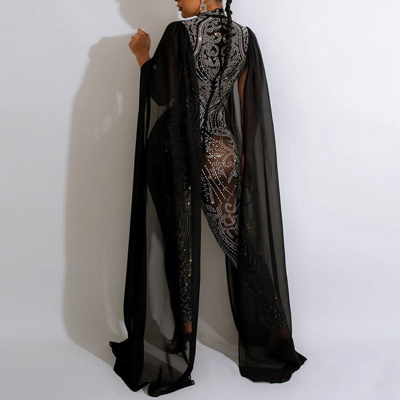 Rhinestone Cape Sleeve Sheer Mesh Jumpsuit