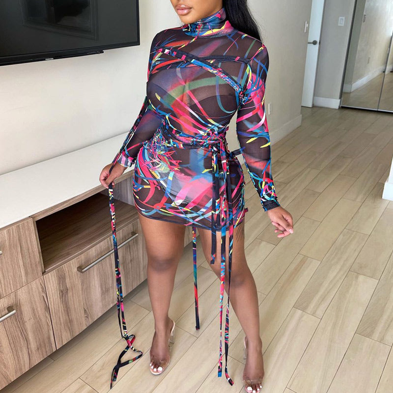 Print Sheer Mesh Mini Dress