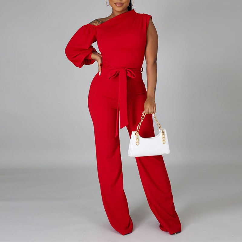 Solid One Shoulder Belted Wide Leg Jumpsuit