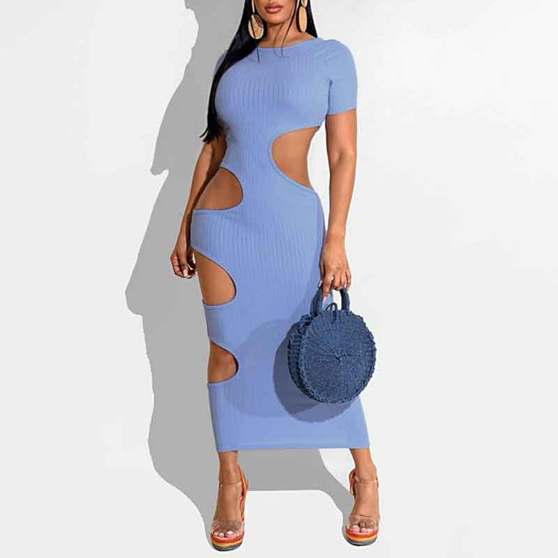 Solid Short Sleeve Hollow Out Maxi Dress