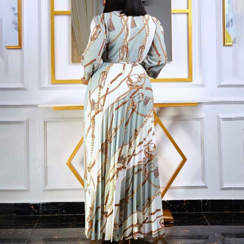 Print Long Sleeve Belted Pleated Shirt Maxi Dress