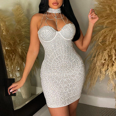 Rhinestone Halter Chain Strap Bodycon Dress