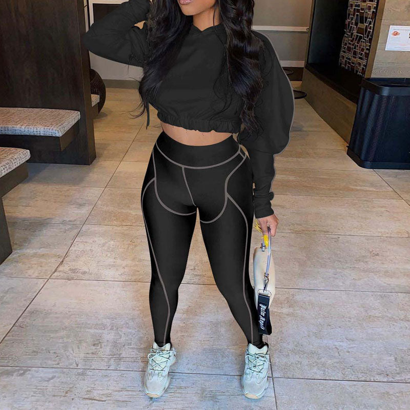 Solid Long Sleeve Hoodie Crop Top & Pants Set