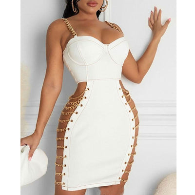 Solid Sleeveless Chain Strap Hollow Out Bodycon Dress