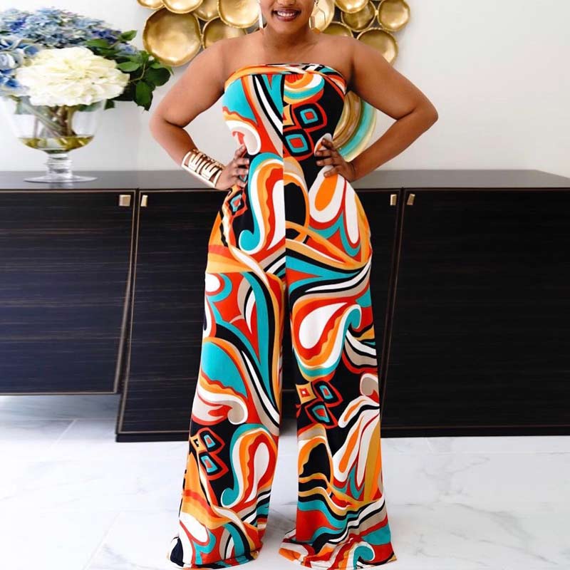 Print Off Shoulder Backless Wide Leg Jumpsuit