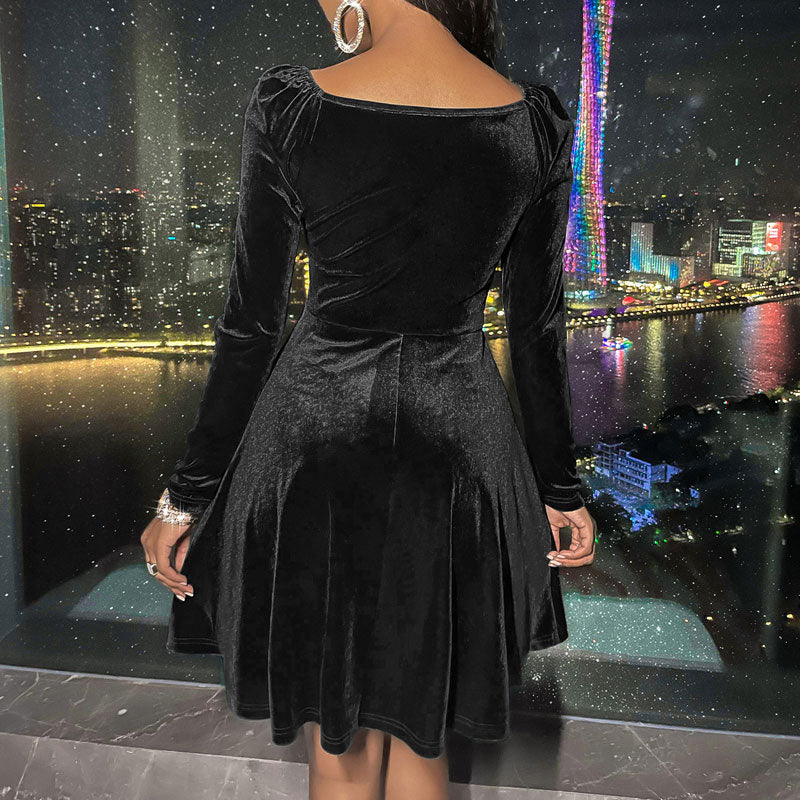 Velvet Deep V-Neck Long Sleeve Mini Dress