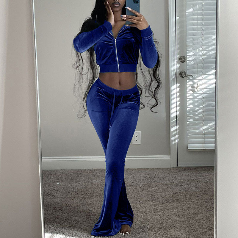 Solid Velvet Long Sleeve Crop Top & Pants Set