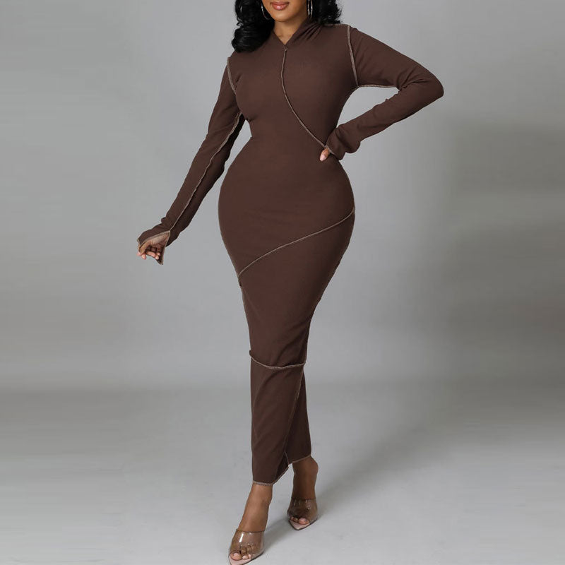 Solid Long Sleeve Hoodie Maxi Dress