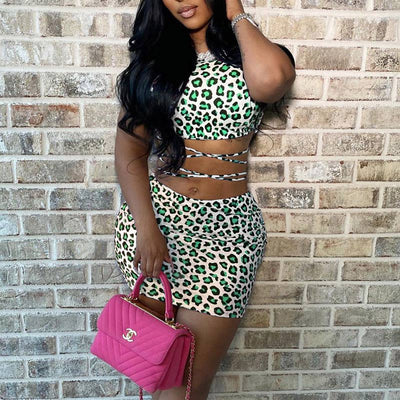 Leopard Pattern Short Sleeve Bandage Skirts Set