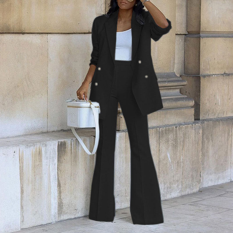 Solid Long Sleeve Button Detailed Blazer Coat & Wide Leg Pants Set