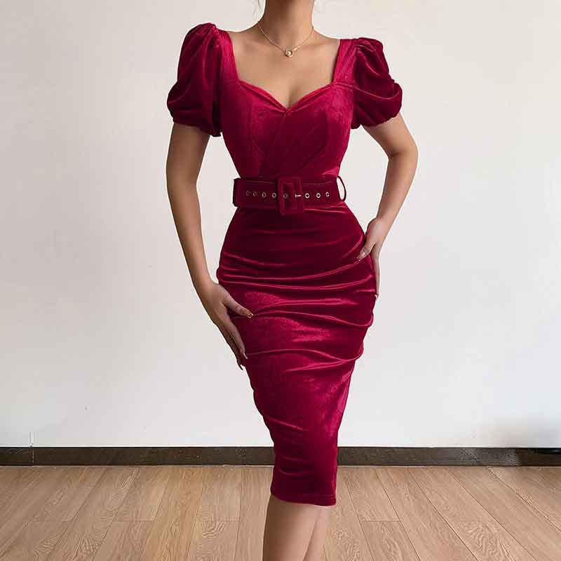 Solid Square Neck Puff Sleeve Midi Dress