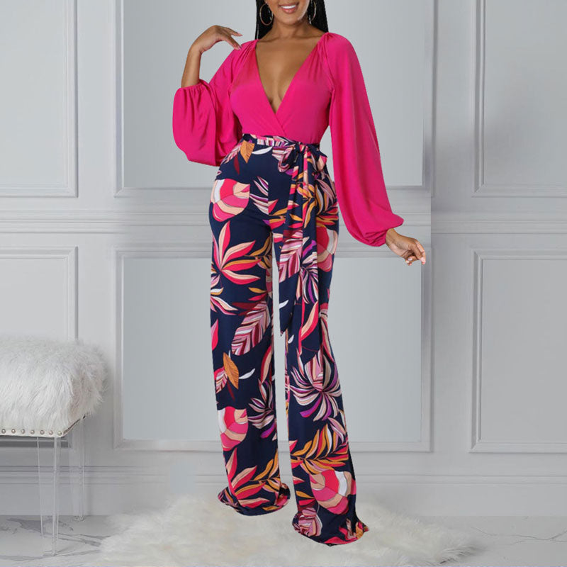 Solid Deep V-Neck Lantern Sleeve Top & Print Pants Set